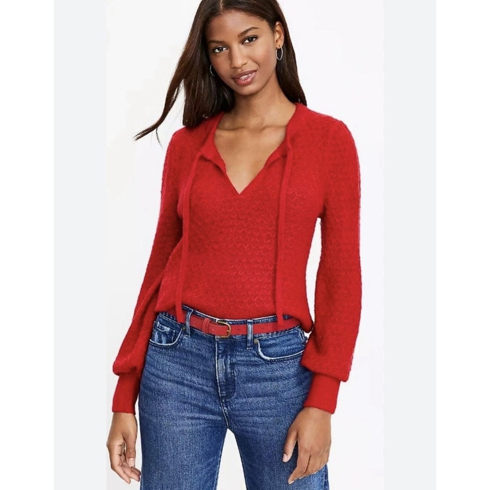 Loft Red Knit Tie Neck Long Balloon Sleeve Lightweight Pullover Sweater‎ Small